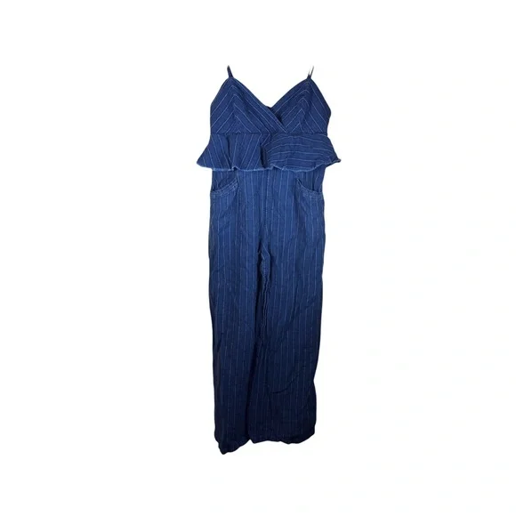 Anthro ett:twa Jumpsuit Womens Blue Denim Size SP Peplum Ruffled Striped Boho - Picture 3 of 13